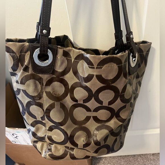 Coach Alex Op Art Brown/Khaki Coated Canvas Tote 14264 - Picture 2 of 10